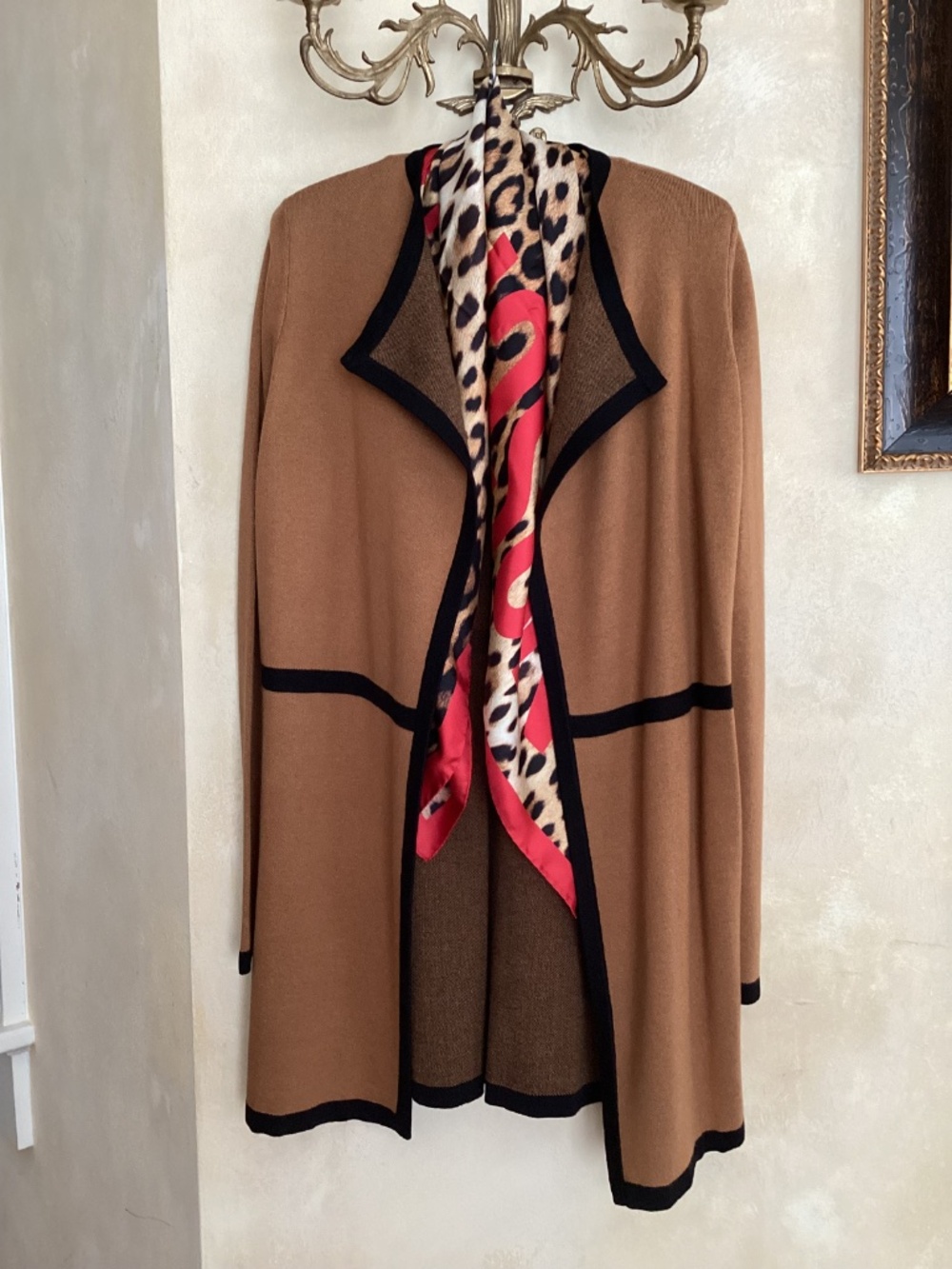 DENNIS BY DENNIS BASSO ACORN & BLACK OPEN LONG CARDIGAN SWEATER SIZE XXS